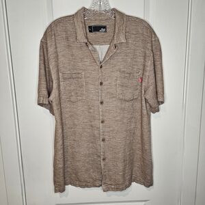 Lost Mens Cotton Linen Brown Camel Casual Tan Button Down Short Sleeve Shirt L